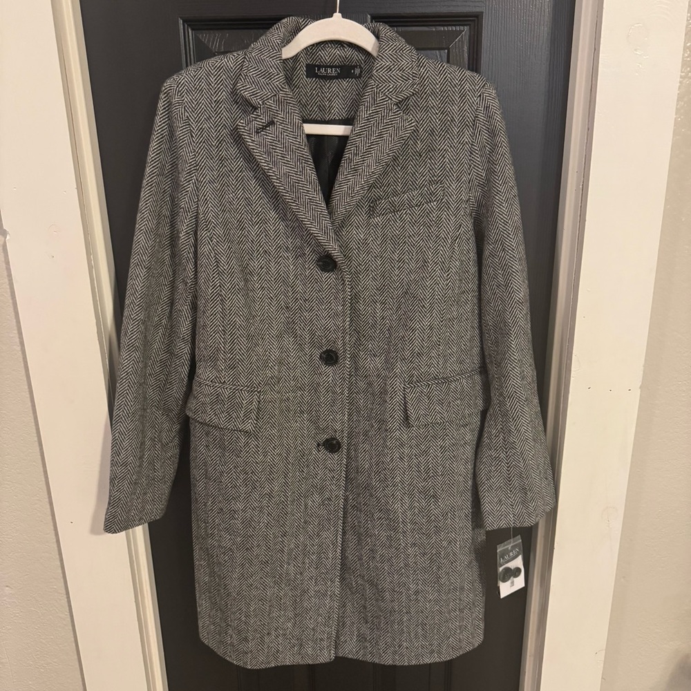Lauren Ralph Lauren Women’s Size 8 Wool Blend Blk/Wht Herringbone Peacoat NWT